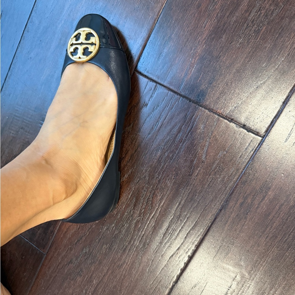 Tory Burch Navy Leather Logo Ballet Flat with Gold Emblem